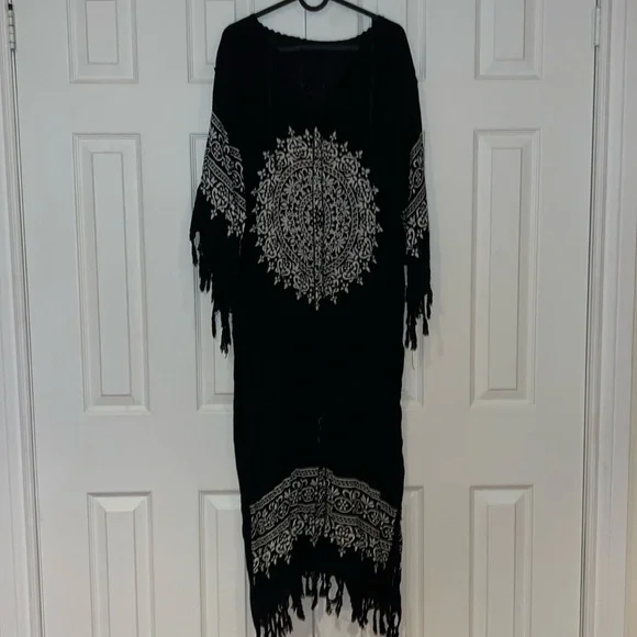 Vintage style Boho chic white black dress with fringe details Sz M - Picture 4 of 13